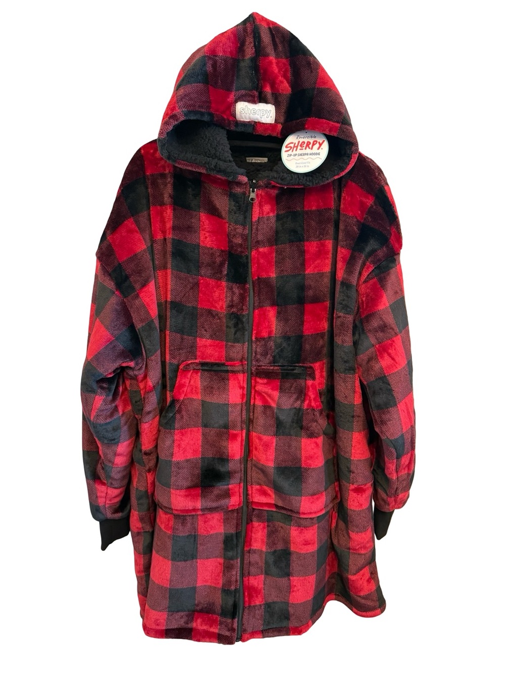 NWT Sherpy Reversible Sherpa Hoodie Buffalo Plaid Zip Up Cozy Oversized Fleece